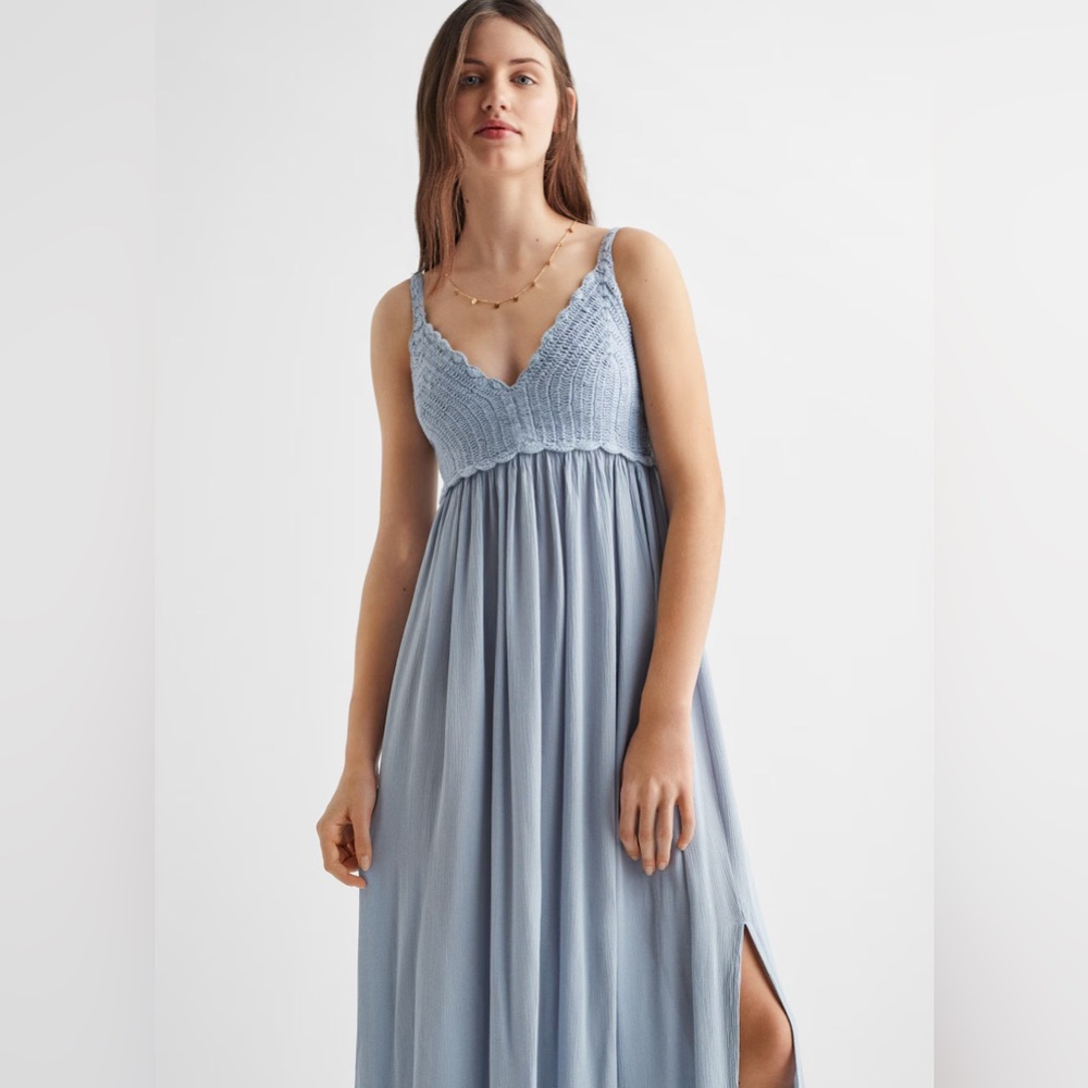 Mango light blue crochet detail maxi dress with slit